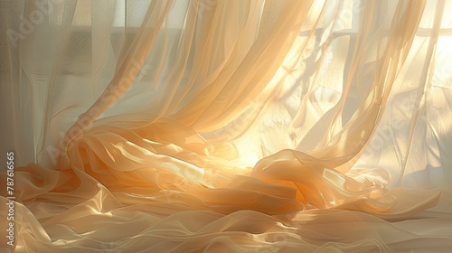 A flowing curtain of sheer fabric illuminated by soft sunlight