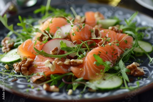 Smoked salmon salad with pear and walnut