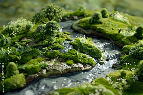 A lush micro-ecosystem with moss-covered stones, tiny trees, and a meandering stream creating a tranquil scene