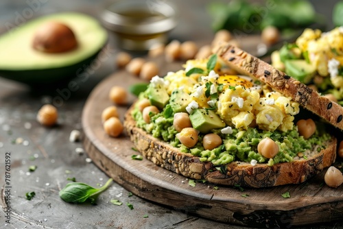 Avocado feta chickpea breakfast sandwiches with scrambled eggs Focus on sandwich text space