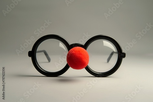 Black thick lens glasses with red foam nose creating a goofy face Isolated