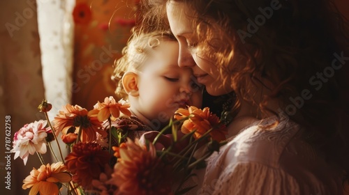 mother and baby with flowers