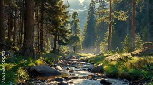 Tranquil forest landscape featuring a meandering stream and towering trees