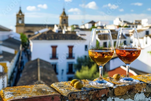 Enjoying sherry wine and olives in an old Spanish town