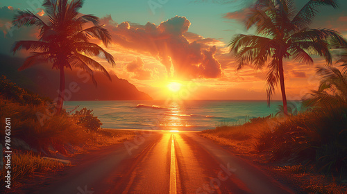Road to the beach with palm trees by the sides. Paradise. Vacation and Tourism concept.