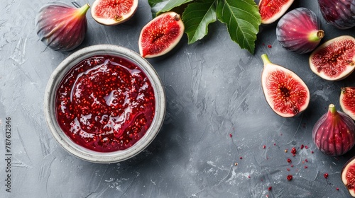 Tasty sweet jam and fresh figs in a bowl on a gray surface top down view with room for text