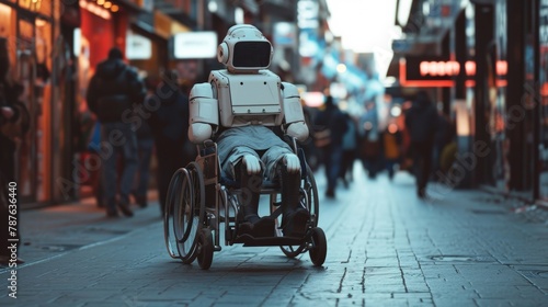 Robot in wheelchair outdoors with people passing by