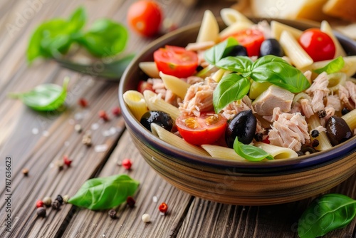 Homemade pasta dish with tuna cherry tomatoes olives spices and basil on wooden background mdelicious and nutritious