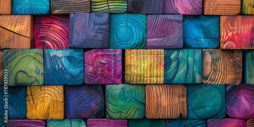 Colorful wooden blocks on a background are portrayed in a style that includes textile collages, macro perspectives, stained glass effect, eco-friendly craftsmanship, iridescent elements