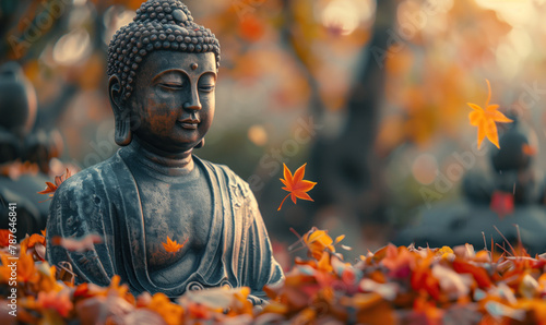 Buddha statue strewn with autumn orange maple leaves. Buddha's Birthday Holiday. Statue against a background of yellow trees. Template for design, place for text. Buddhism concept