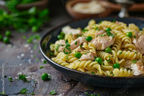 Pasta with chicken peas on rustic background