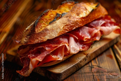 Close up of a sandwich with Spanish serrano ham on a wooden table