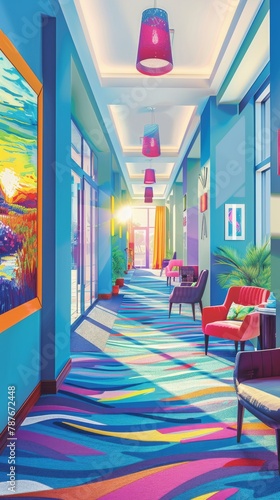 Sets a welllit hallway with walls painted in fresh blues, leading to various amenities, creating a welcoming path that invites exploration and enjoyment