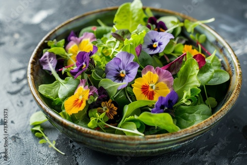 Edible flower spring salad with lamb s lettuce broccoli and kale microgreens