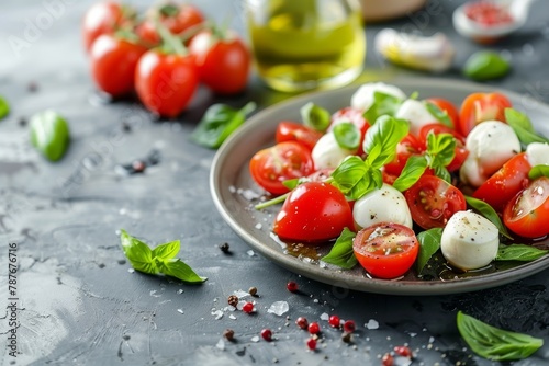 Fresh summer salad with cherry tomatoes mozzarella strawberry basil and olive oil on grey background Healthy lunch