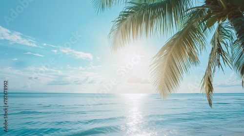 Tropical beach backdrop with sunlit palms for serene vacation and travel marketing