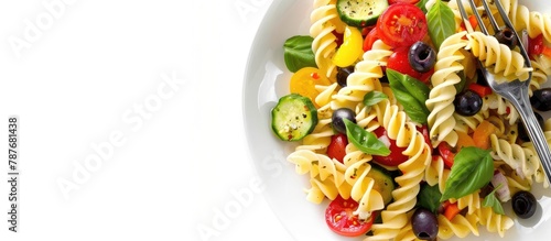 Pasta Salad served with a fork against a white backdrop