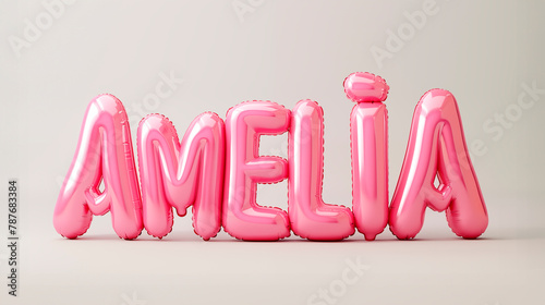 Amelia name written in glossy pink 3D inflated text on white background