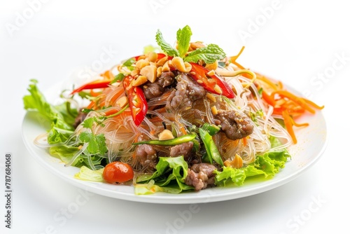Thai Yum Woon Sen salad with pork and nuts on white background