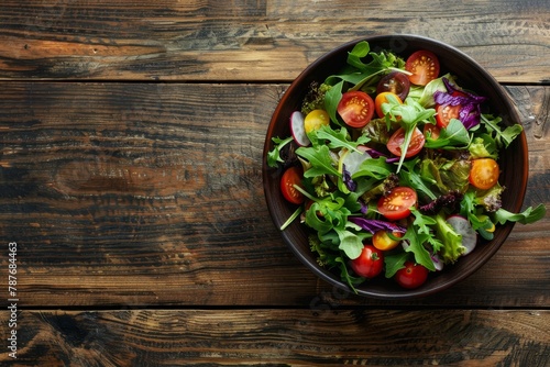 Top view of a fresh salad on a wooden table