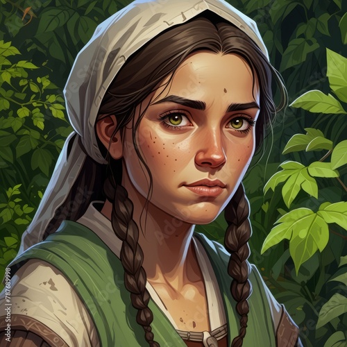 Young woman medieval villager avatar in comic style