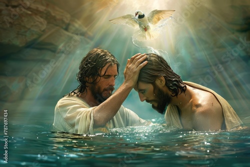 Sacred immersion: baptism of Jesus - John baptizes Jesus in the Jordan river, marking a pivotal moment of spiritual cleansing and divine affirmation.