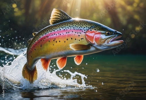 panoramic view of a rainbow trout jumping out of the water to catch bait.