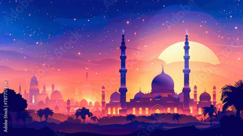 Illustration of a Middle Eastern skyline featuring mosques with domes and minarets, set against a sunset sky with stars.