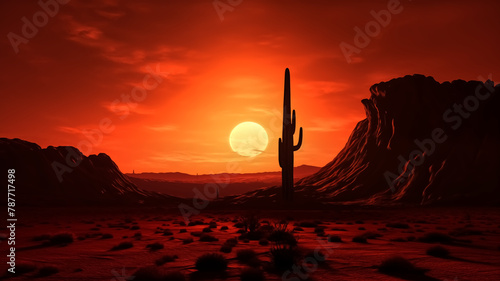 Saguaro cactus silhouette against a red sunset in the desert landscape. Nature and wilderness concept with copy space for design and print.