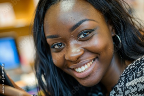Close-up photo of a young smilling African-American woman in an office using a mobile phone, Generative AI