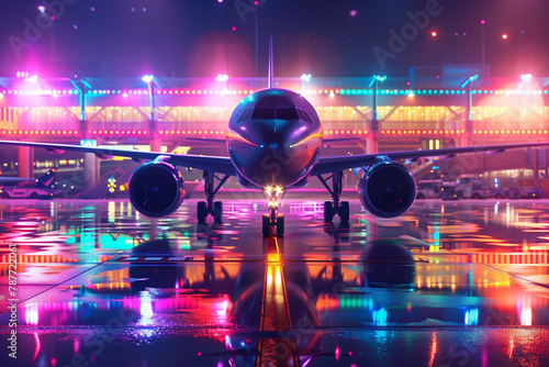 Airplane Parked on Wet Tarmac at a Vibrantly Lit Airport During Evening Hours, Generative ai