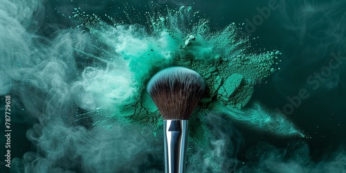 A close shot of green powder explosion with makeup brush with a dark backdrop with a big space for text or make up product advertisement, Generative AI.
