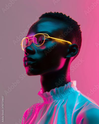 Close-up portrait of a young man wearing glasses, illuminated by neon pink and blue lights in a studio setting, Generative ai