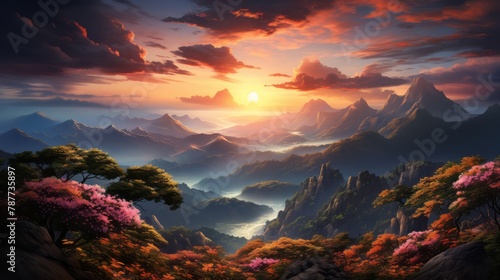 Sunset over a mountain landscape with clouds and a forested valley