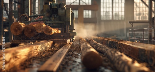 The image details machinery at a sawmill cutting through logs amidst woodchips and golden sunlight, capturing the industrial process and the atmospheric background of sawdust in the air