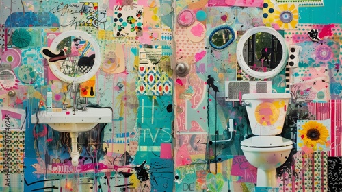 Layered imagery of humorous bathroom signs, blended with abstract, whimsical elements in a vibrant, eclectic mix