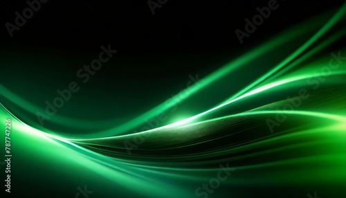黒い背景の中でエメラルドグリーンが光を宿し、幻想的な輝きを放つエネルギー波のグラフィック、グラデーション、スタイリッシュで洗練されている