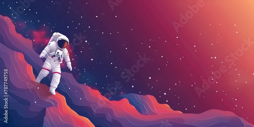 Astronaut walking on mars purple space with large planets on purple starry sky, meteors and mountains landscape.