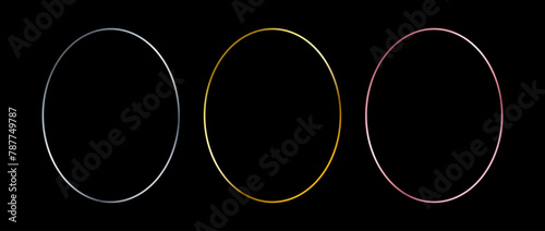 Silver, golden and rose gold thin oval frames. Art deco shiny ellipse borders set. Thin line glowing grey, yellow and pink boarder element collection. Vector bundle for Christmas, birthday decor