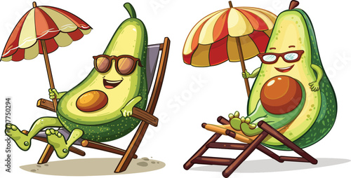 An avocado cartoon character lounging on an umbrella beach chair in the style of clip art