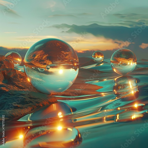 Floating 3D glass spheres over a luminous abstract landscape