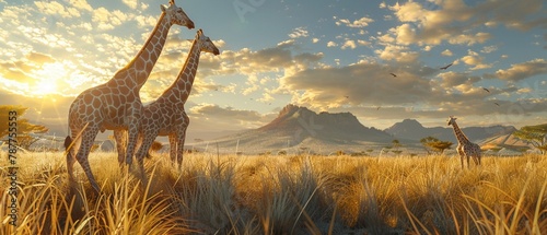Giraffes browsing in grasslands, random placement, photorealistic quality, natural lighting ,ultra HD,clean sharp