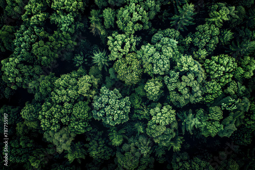 Dense lush green forest canopy aerial view, wilderness ecosystem, woodlands foliage