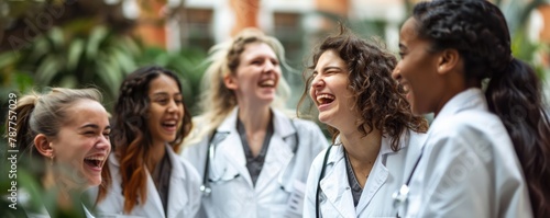 Group of female young smiling multi ethnic girls doctors in campus