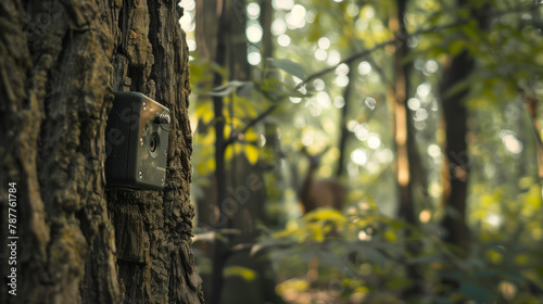 Camouflaged trail camera mounted on a tree in the forest.