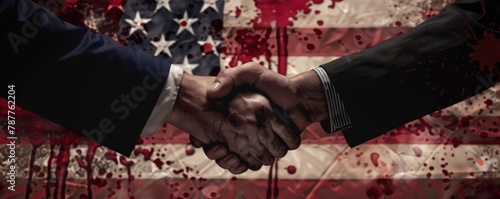 Handshake of corrupt politicians American flag in background