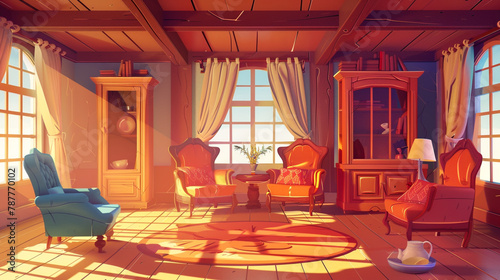 asthetic cartoon pic of inside of a wooden house with beautiful furniture inside it