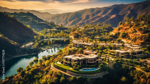 Sunset bathes the Hollywood Hills in golden light, highlighting luxurious homes nestled among the greenery