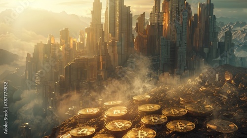 Futuristic cityscape at dusk with golden bitcoins in the forefront, hinting at the finance-tech crossover