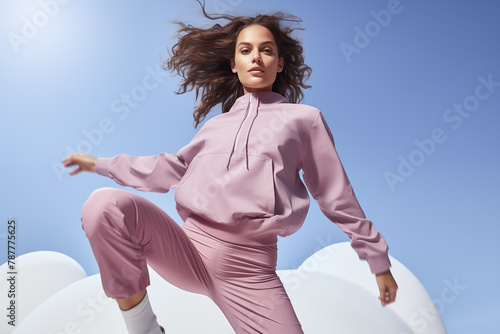 Energetic woman in pink sportswear jumping against a blue sky backdrop